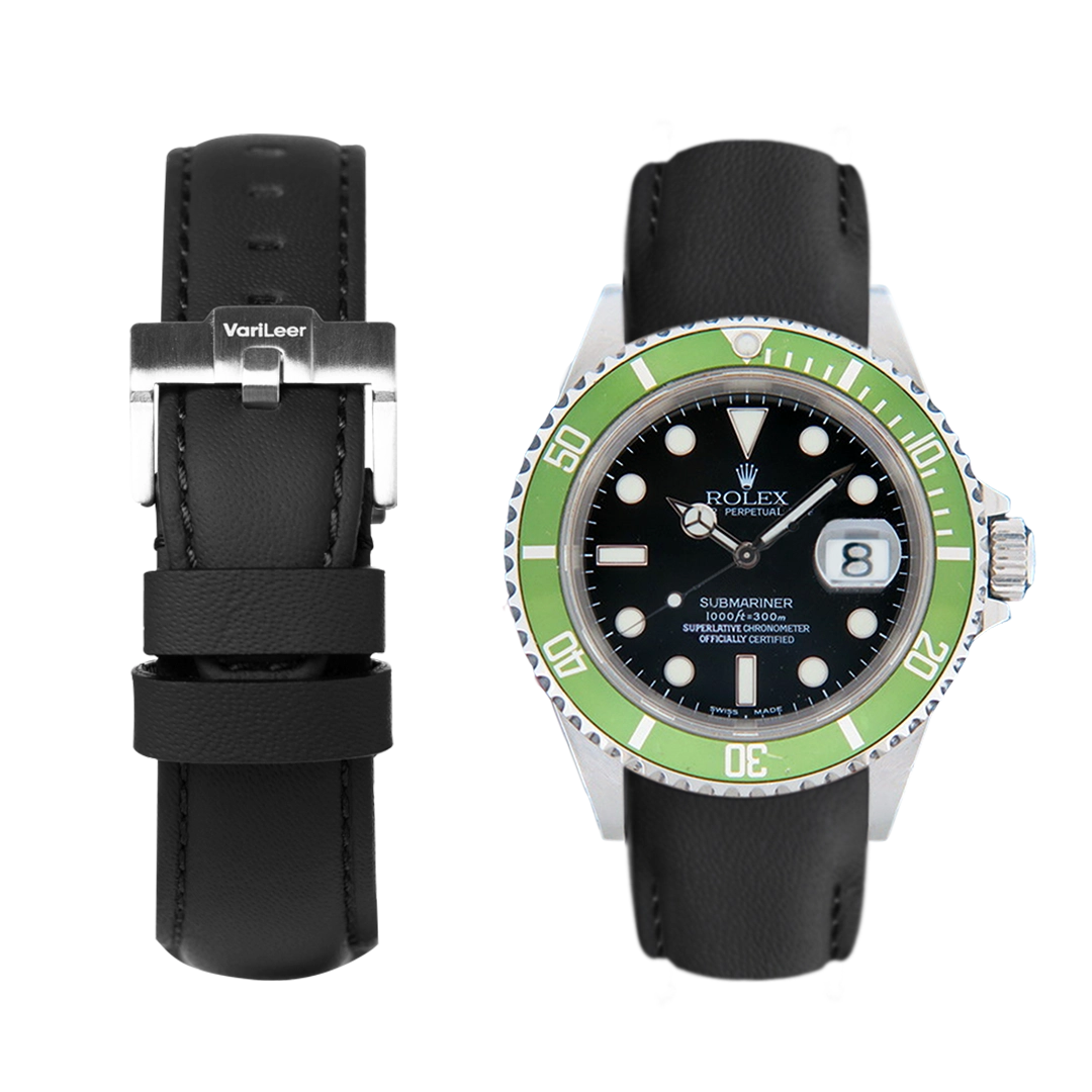 Curved end leather strap band for Rolex Submariner Kermit 16610LV VariLeer Strap black