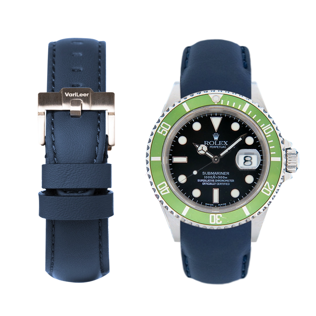 Curved end leather strap band for Rolex Submariner Kermit 16610LV VariLeer Strap blue