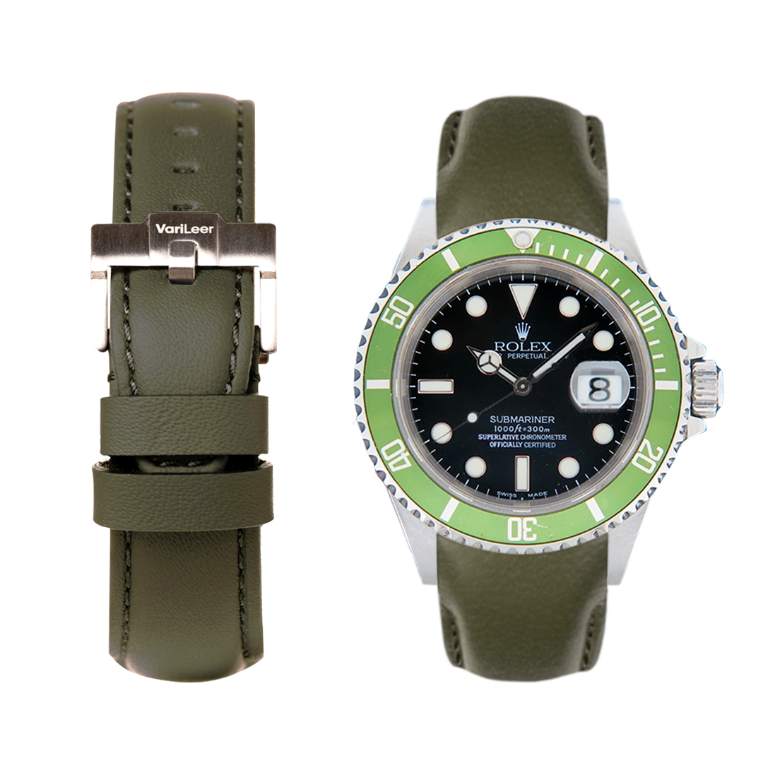Curved end leather strap band for Rolex Submariner Kermit 16610LV VariLeer Strap green