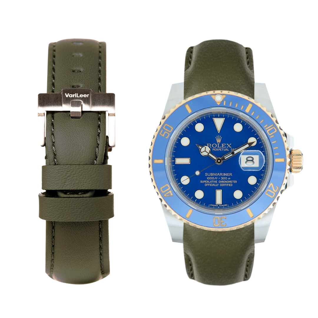 Curved end leather strap band for Submariner Date Ceramic ref. 116613LB Green