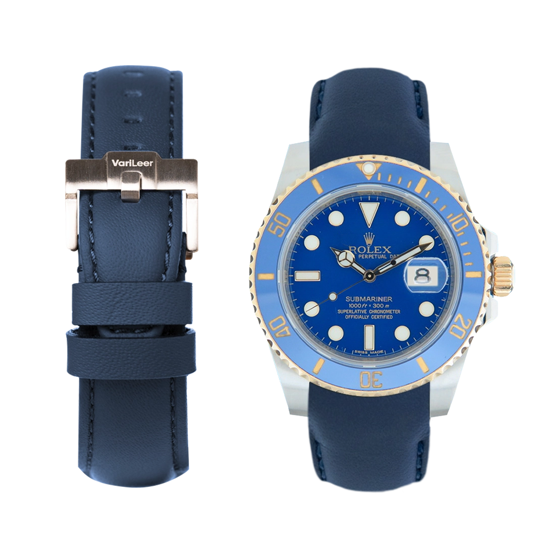 Curved end leather strap band for Submariner Date Ceramic ref. 116613LB blue