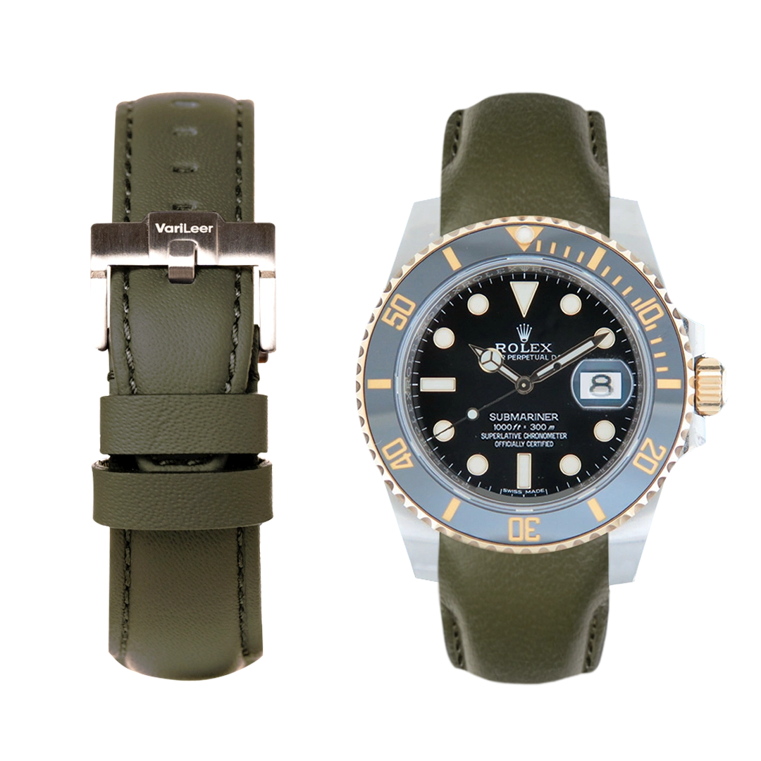 Curved end leather strap band for Submariner Date Ceramic ref. 116613LN Green