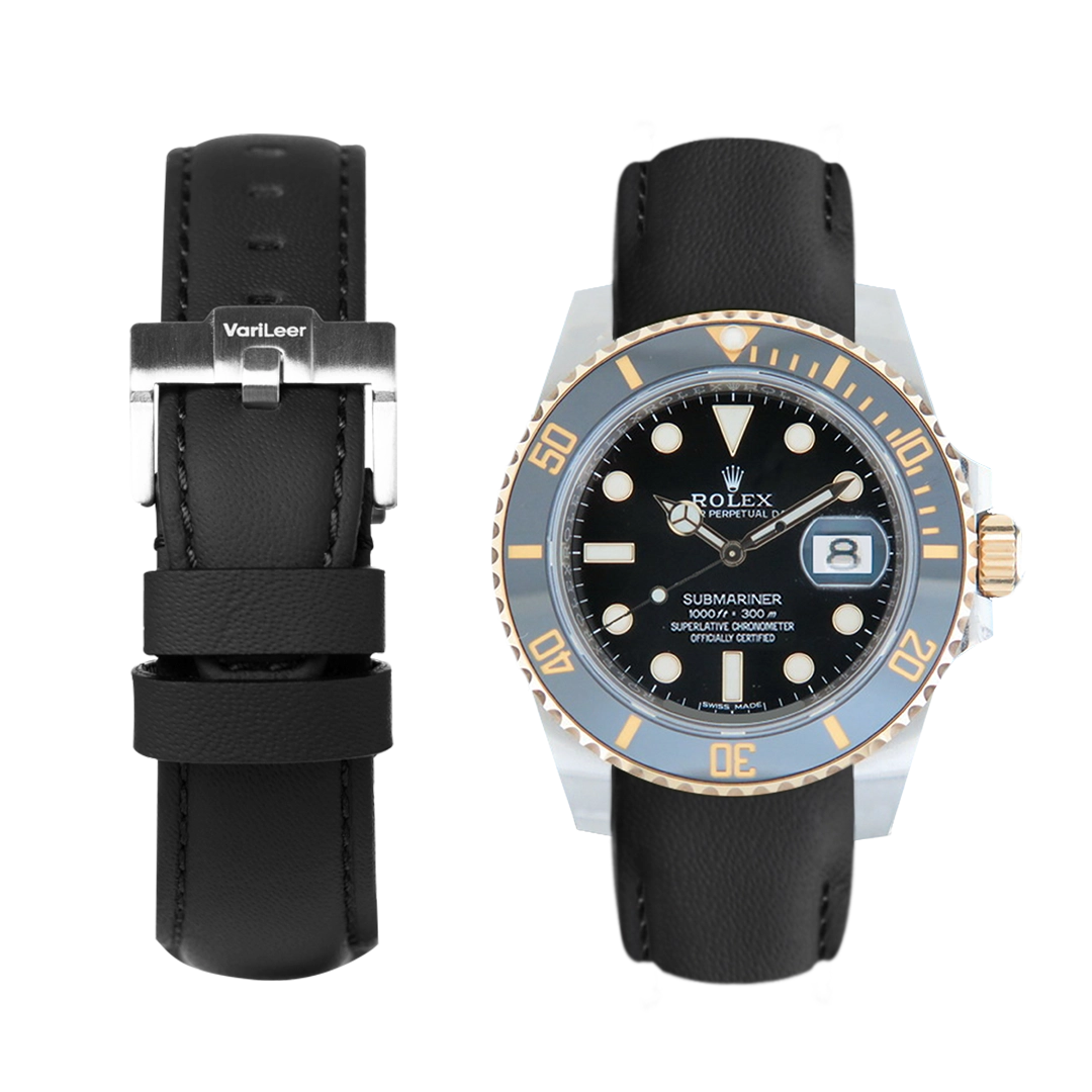 Curved end leather strap band for Submariner Date Ceramic ref. 116613LN black