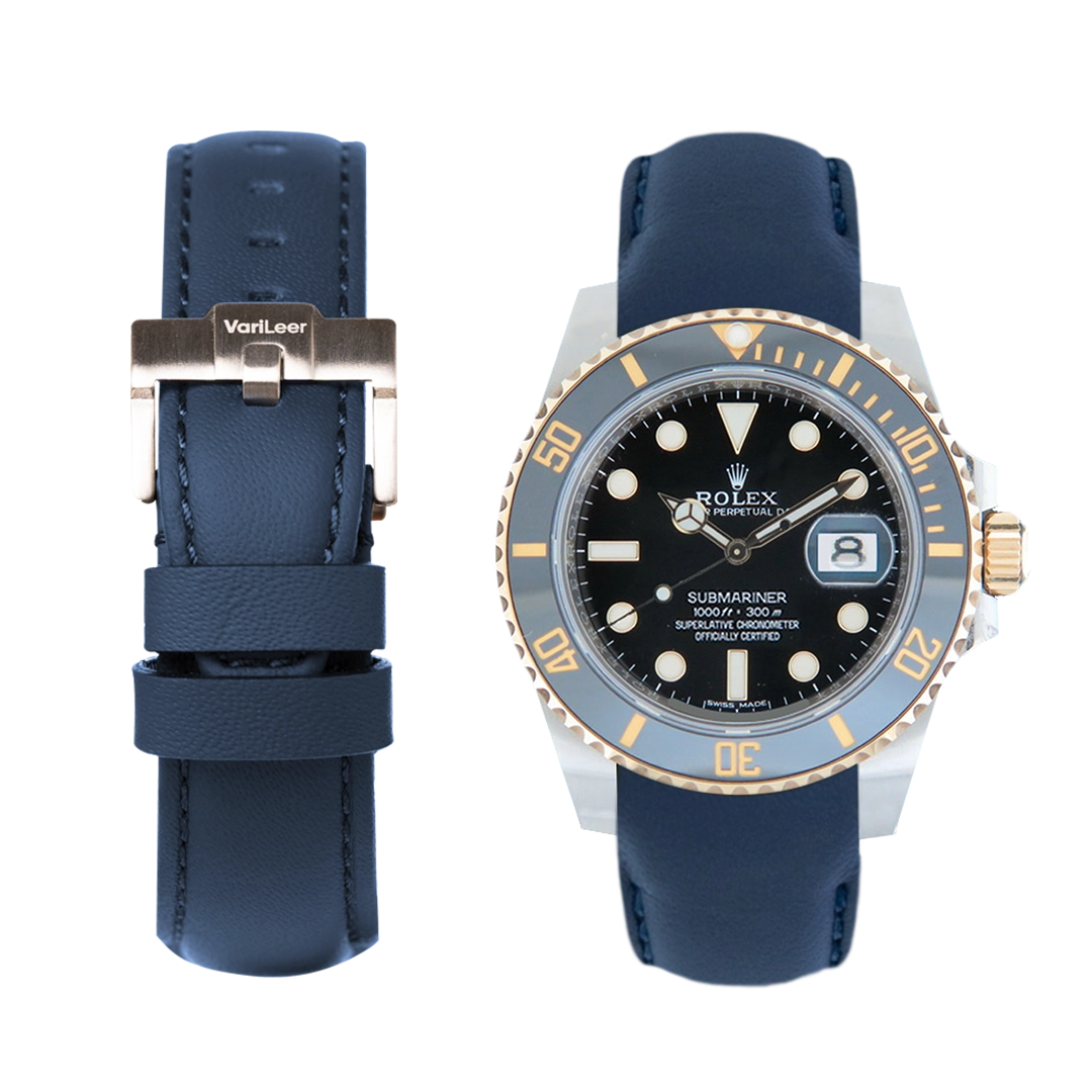 Curved end leather strap band for Submariner Date Ceramic ref. 116613LN blue