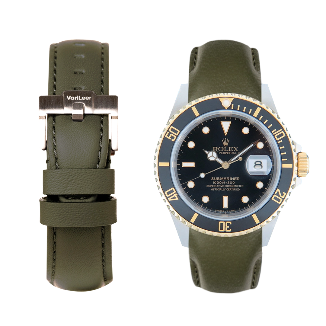 Curved end leather strap band for Submariner Date ref. 16613 Green