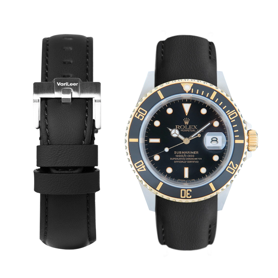 Curved end leather strap band for Submariner Date ref. 16613 black