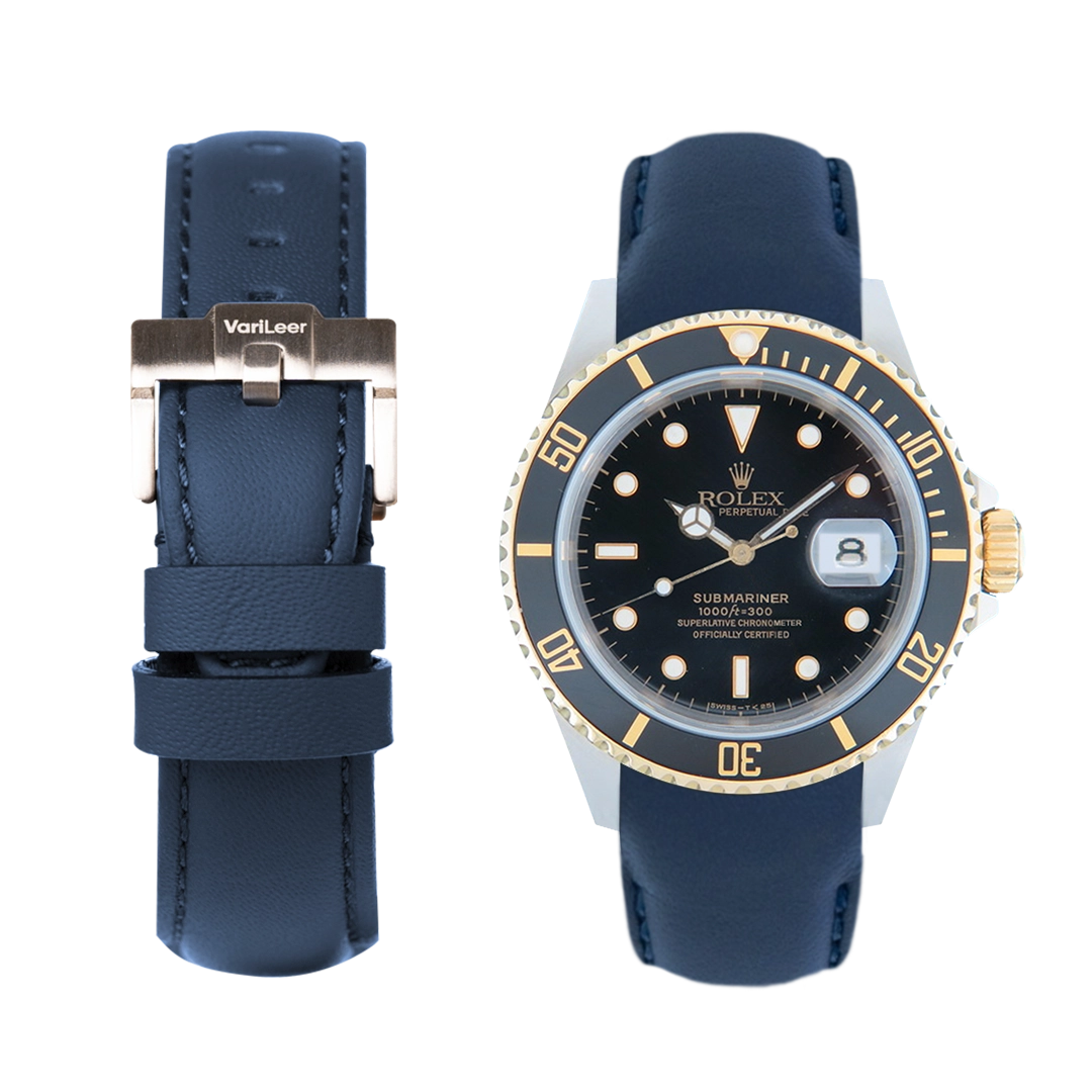 Curved end leather strap band for Submariner Date ref. 16613 blue
