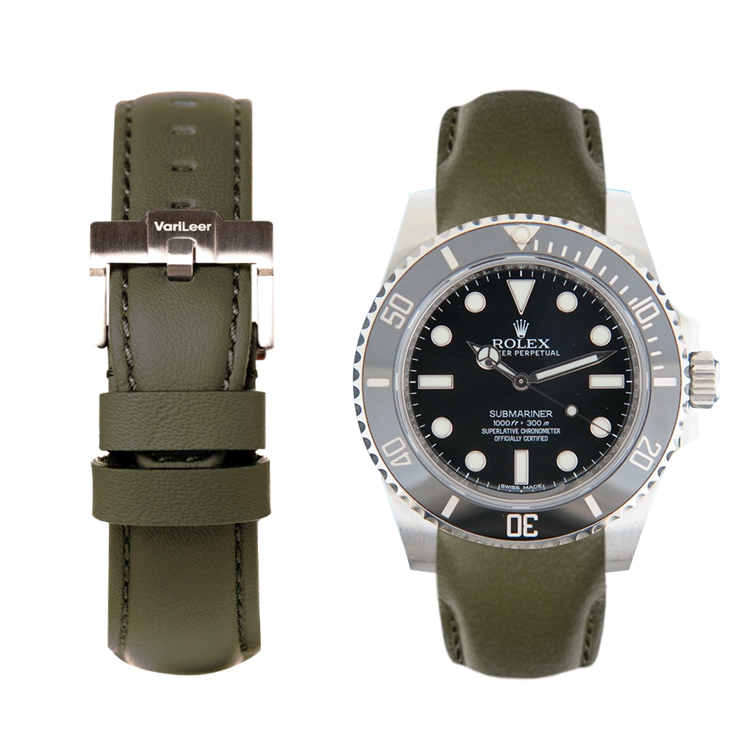 Curved end leather strap band for Submariner No-Date Ceramic ref. 114060 Green