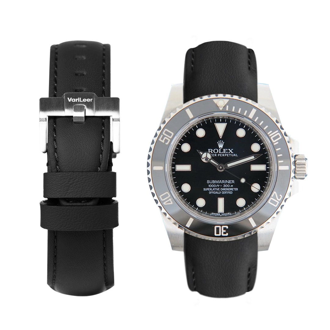 Curved end leather strap band for Submariner No-Date Ceramic ref. 114060 black