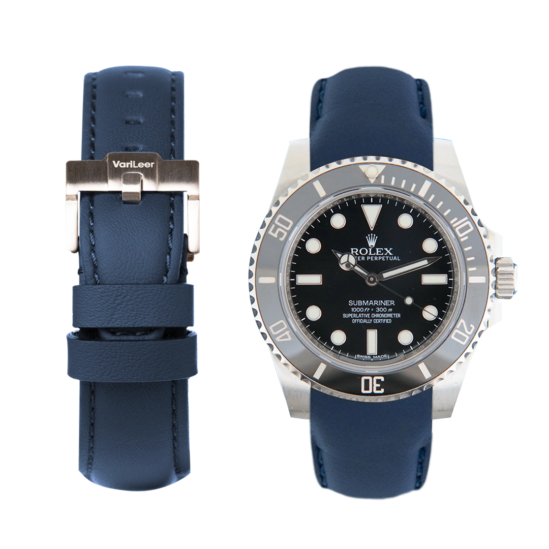 Curved end leather strap band for Submariner No-Date Ceramic ref. 114060 blue