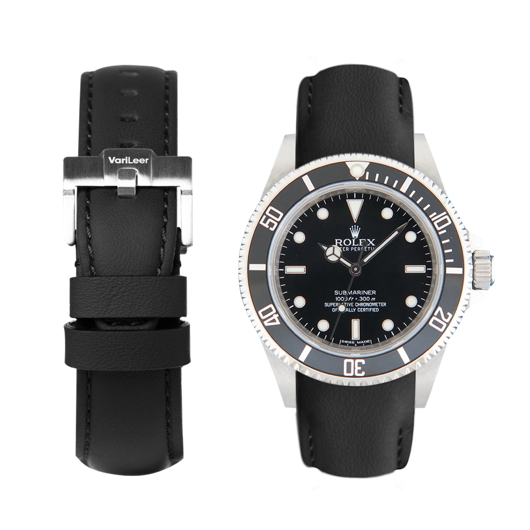 Curved end leather strap band for Submariner No-Date ref. 14060 & 14060M black