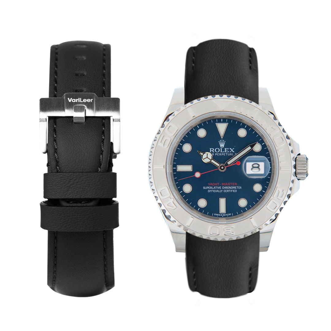 Curved end leather strap band for Yacht-Master ref. 116622 blue dial black