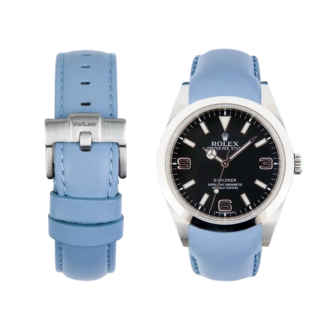 Curved end leather strap for Rolex Explorer 39mm 214270 VariLeer Strap light blue