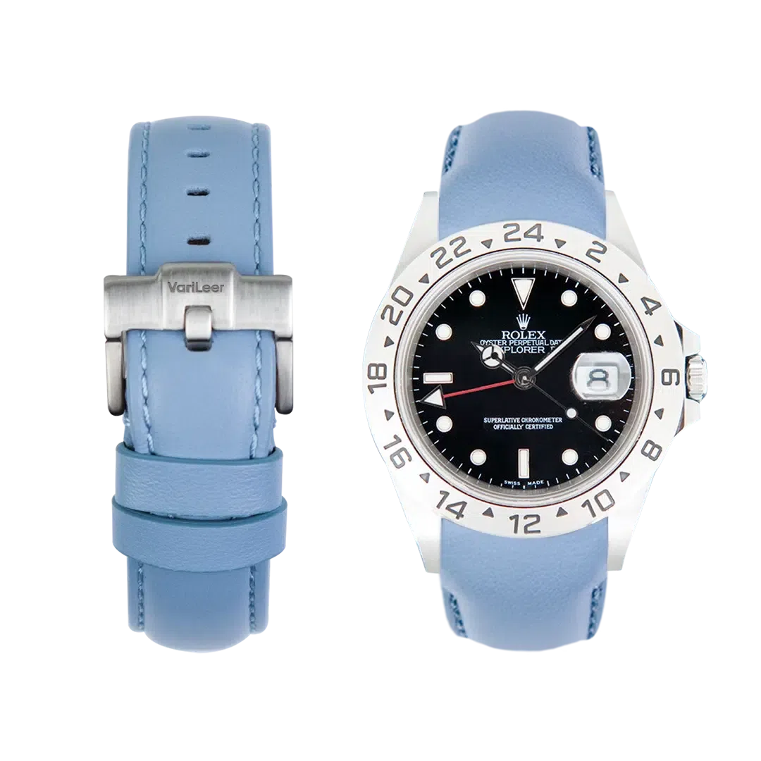 Curved end leather strap for Rolex Explorer II 16570 VariLeer Strap light blue