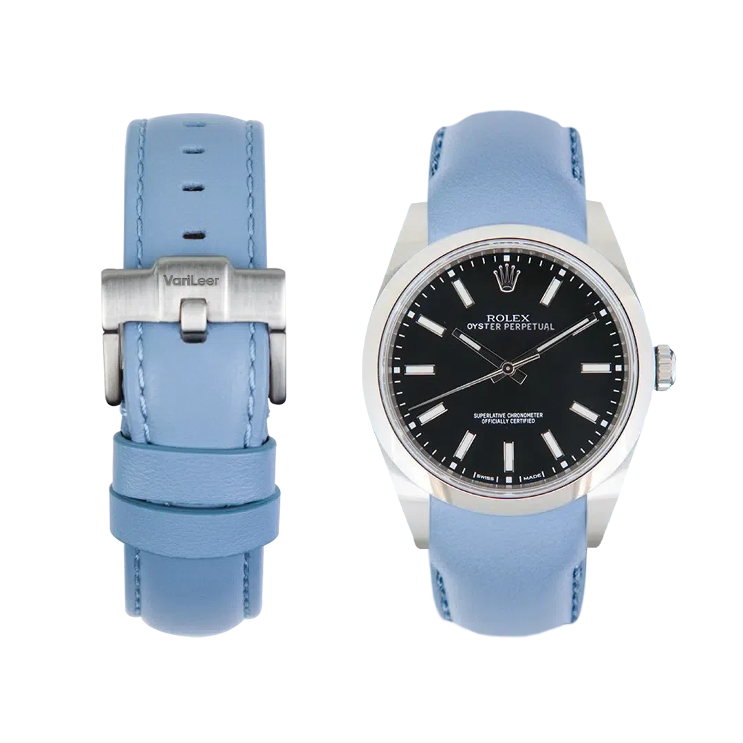 Curved end leather strap for Rolex Oyster Perpetual ref. 114300 Green Light blue