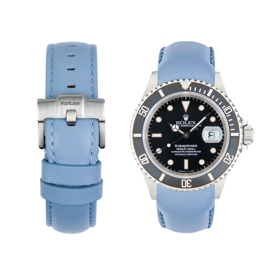 Curved end leather strap for Rolex Submariner 16610 VariLeer Strap light blue