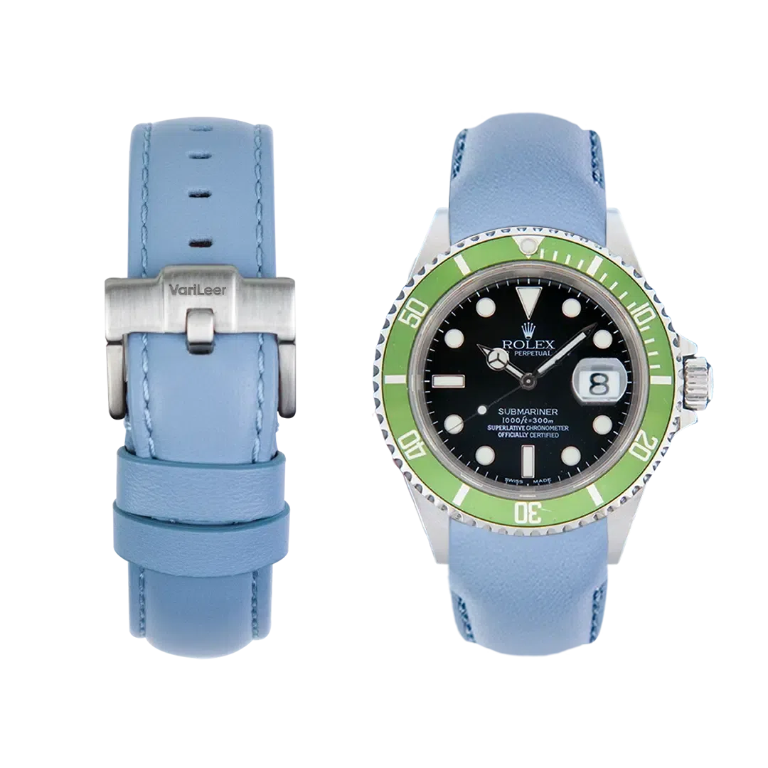 Curved end leather strap for Rolex Submariner Kermit 16610LV VariLeer Strap light blue