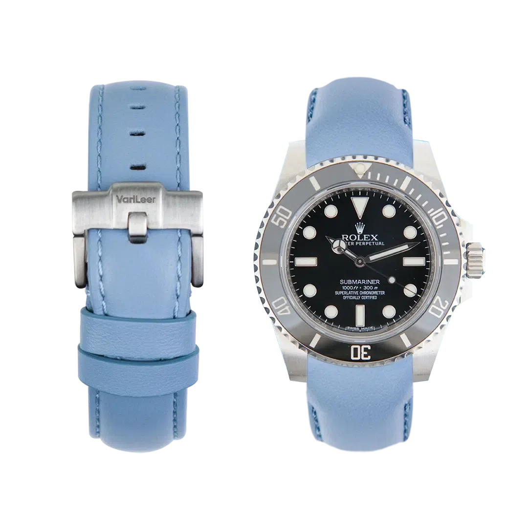 Curved end leather strap for Rolex Submariner No-Date Ceramic ref. 114060 light blue