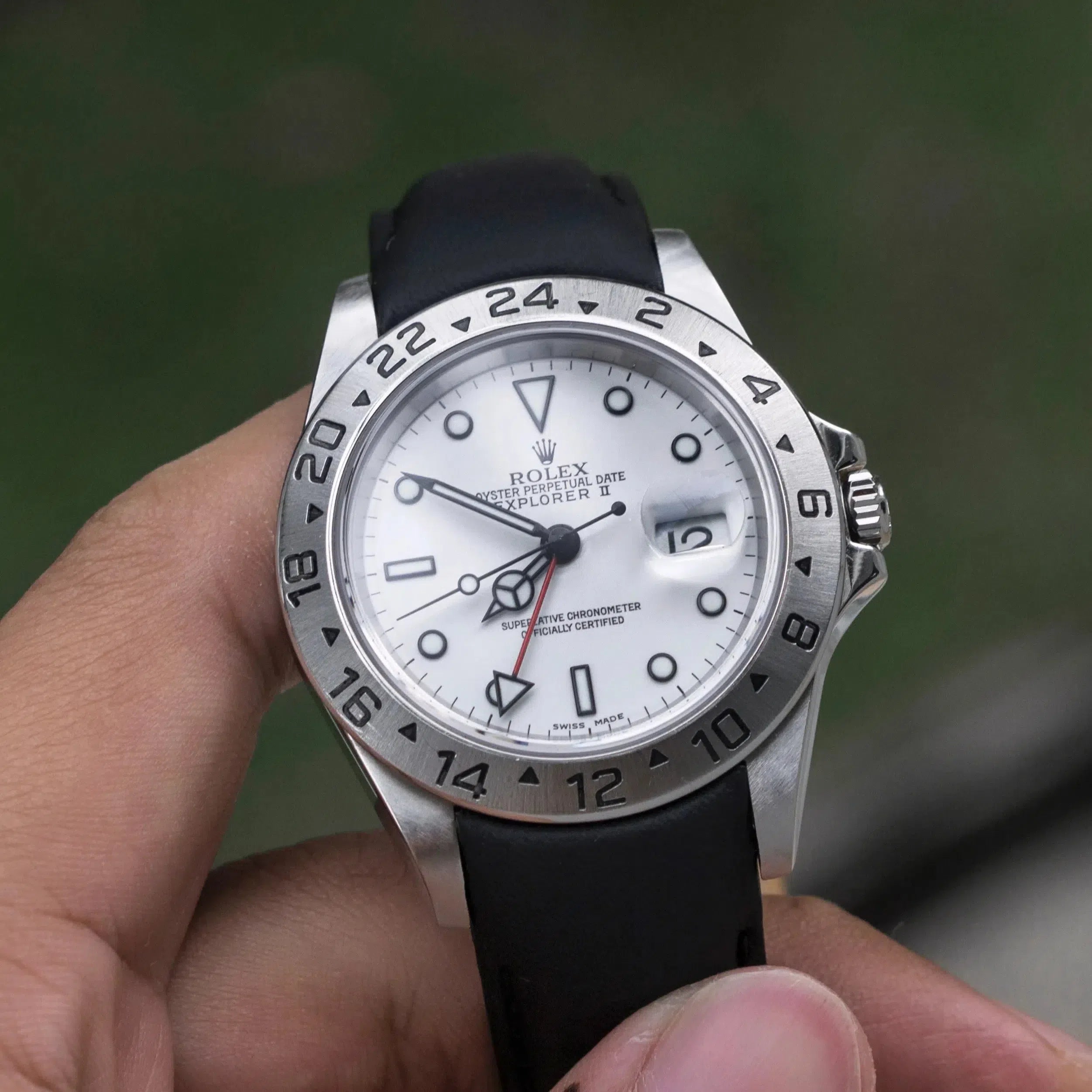 Curved end leather strap for Rolex Explorer 2 ref. 16570 customer photo 2 varileer curved end leather strap band black polar