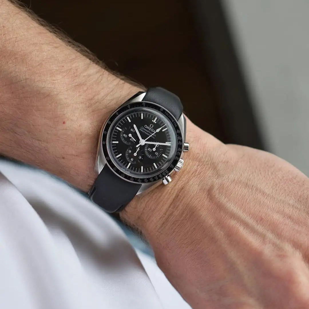 VariLeer curved end leather strap on Omega Speedmaster