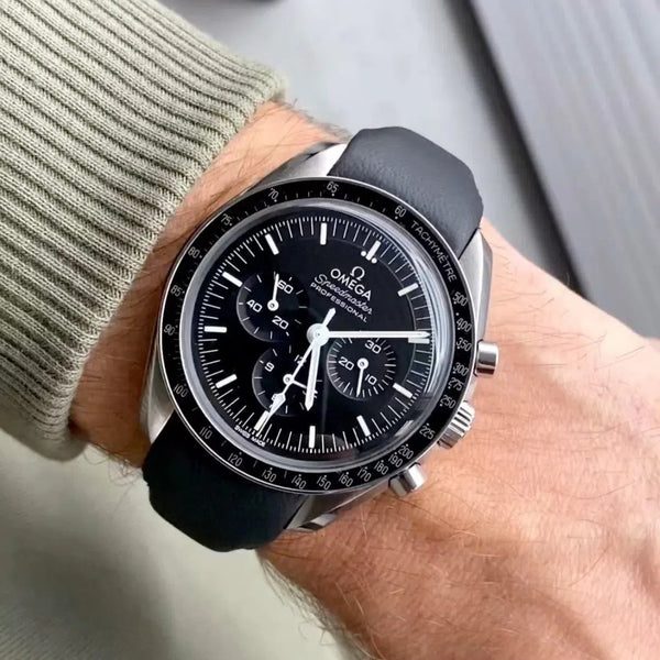 VariLeer curved end leather strap on Omega Speedmaster